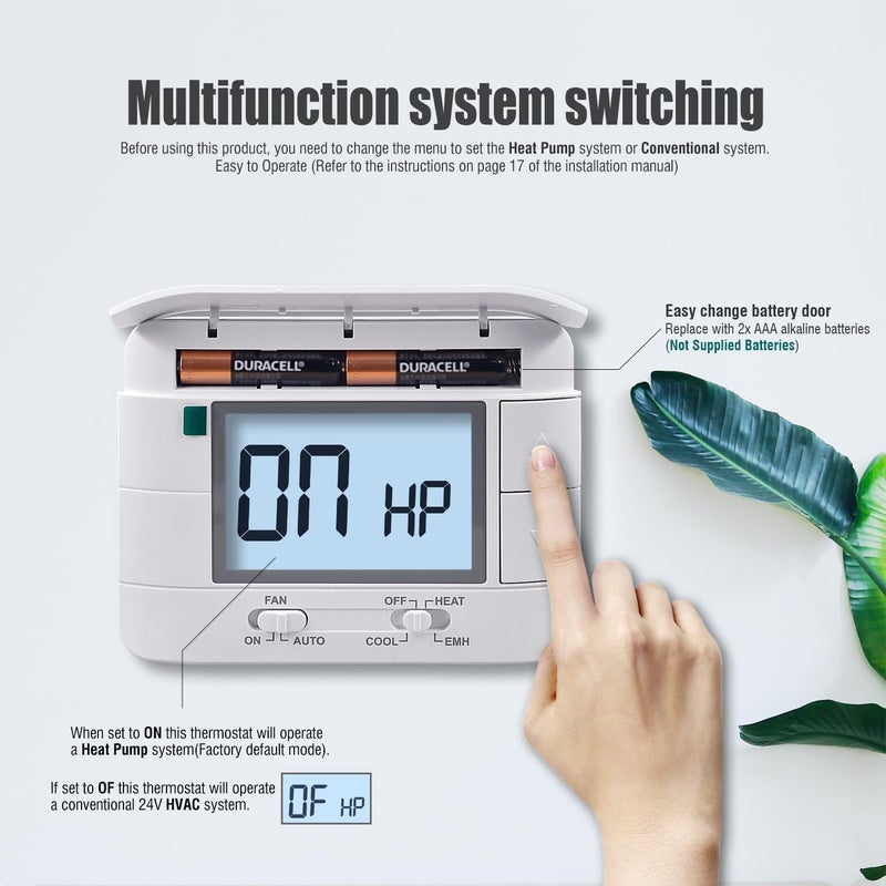 Aowel 2 Heat/ 1 Cool Non-Programmable Thermostat for Home Heat Pump System and Conventional Single-Stage System, with Room Temperature & Humidity Monitor (White Backlit Screen) - Image 3